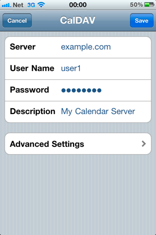 Screenshot of setting up an account with adanced settings on an iPhone